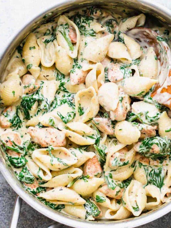 Creamy chicken florentine pasta served in a pan