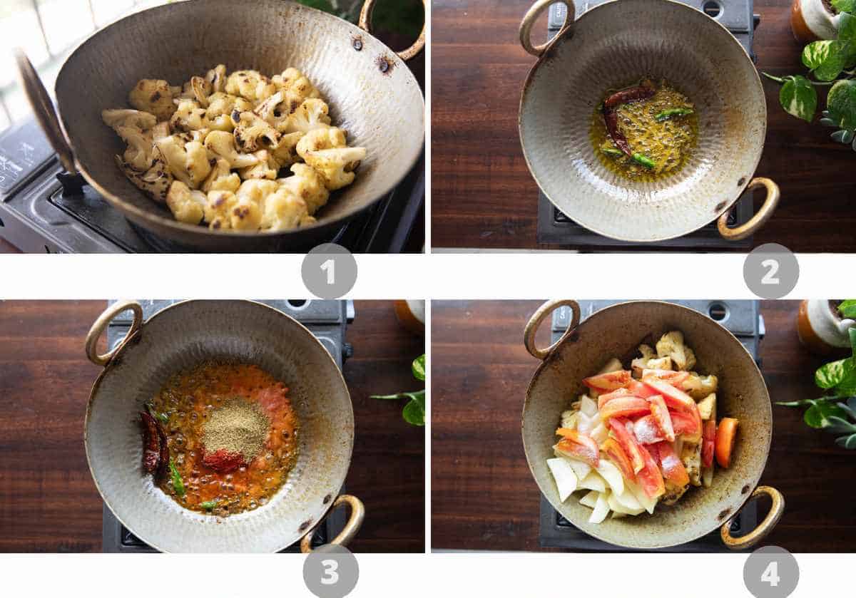 Step by step picture collage showing how to make aloo gobi masala