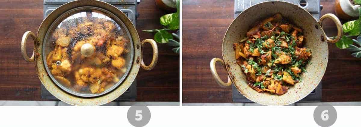 Step by step picture collage showing how to make aloo gobi masala