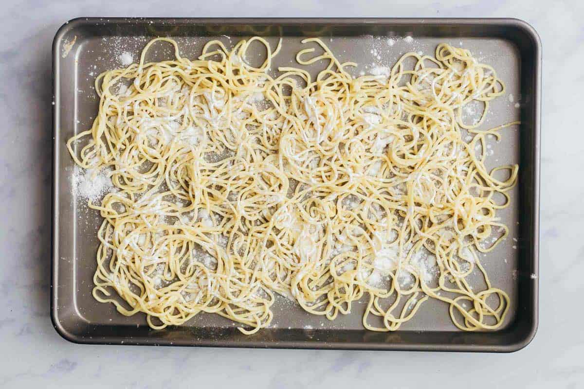 Noodles dusted with corn flour for crispy fried noodles