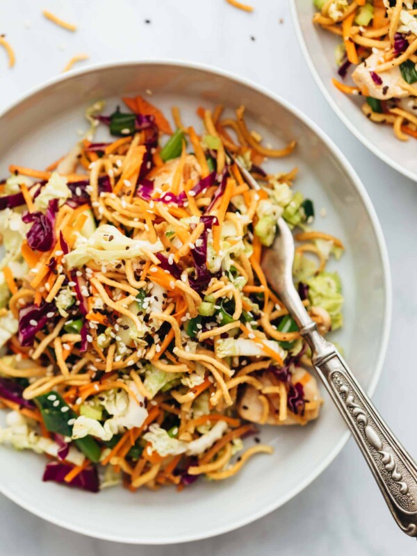 Crunchy Chinese chicken salad served in a bowl with a fork