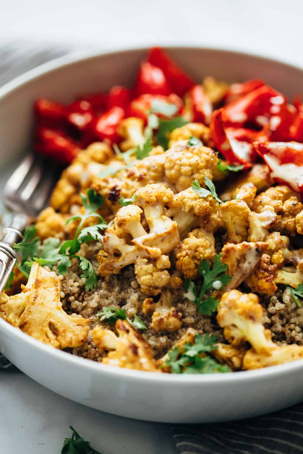 Closeup of Curried roasted cauliflower bowl