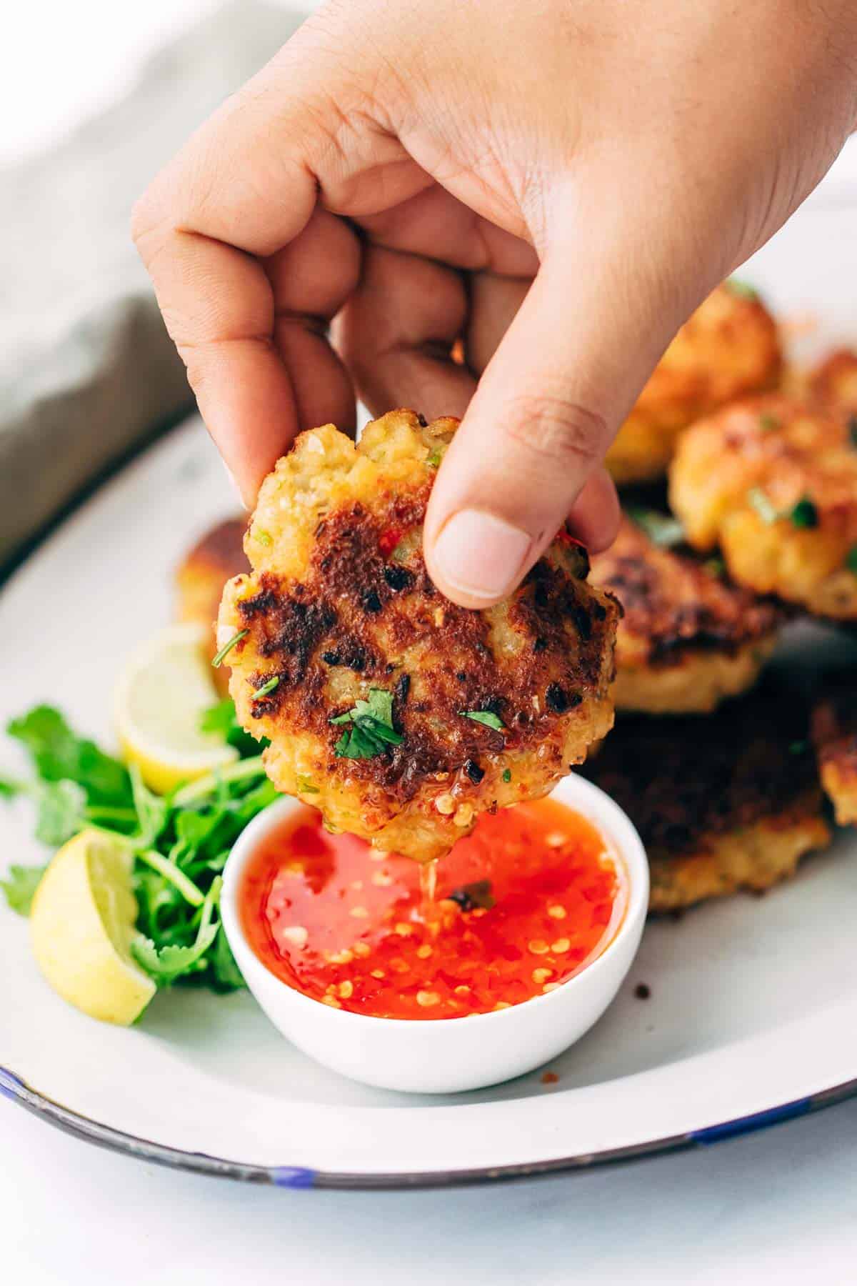 Easy Thai shrimp cakes dipped in thai sweet chilli sauce
