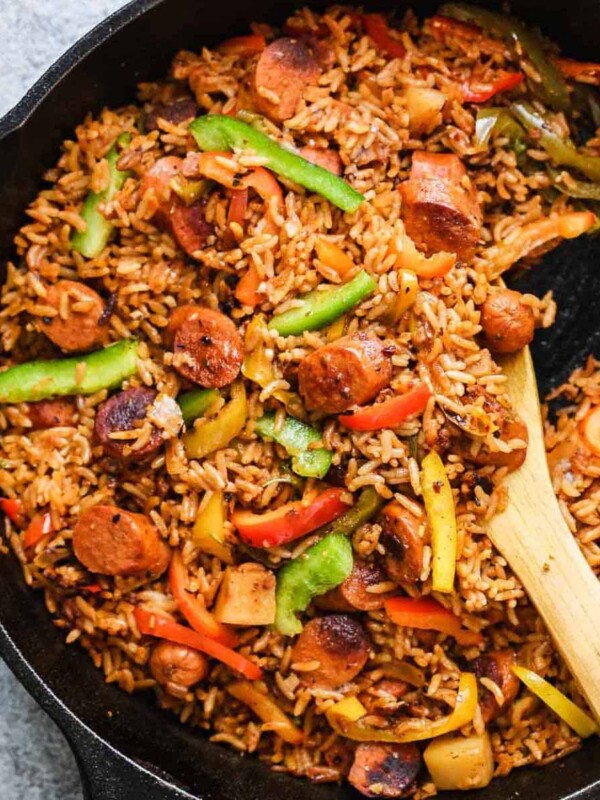 One Pot Mexican Rice and Sausages served in a cast iron pan