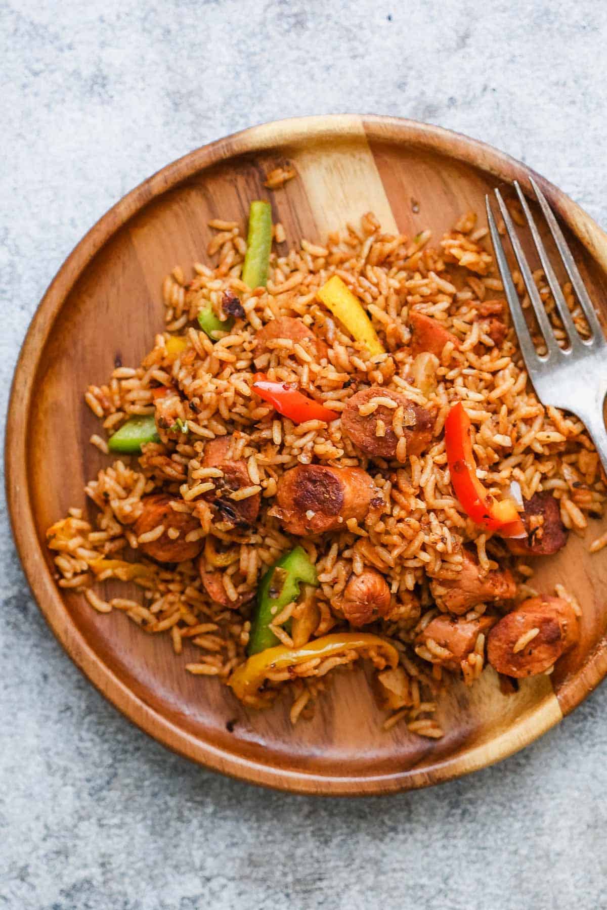 One Pot Mexican Rice and Sausages served on a plate