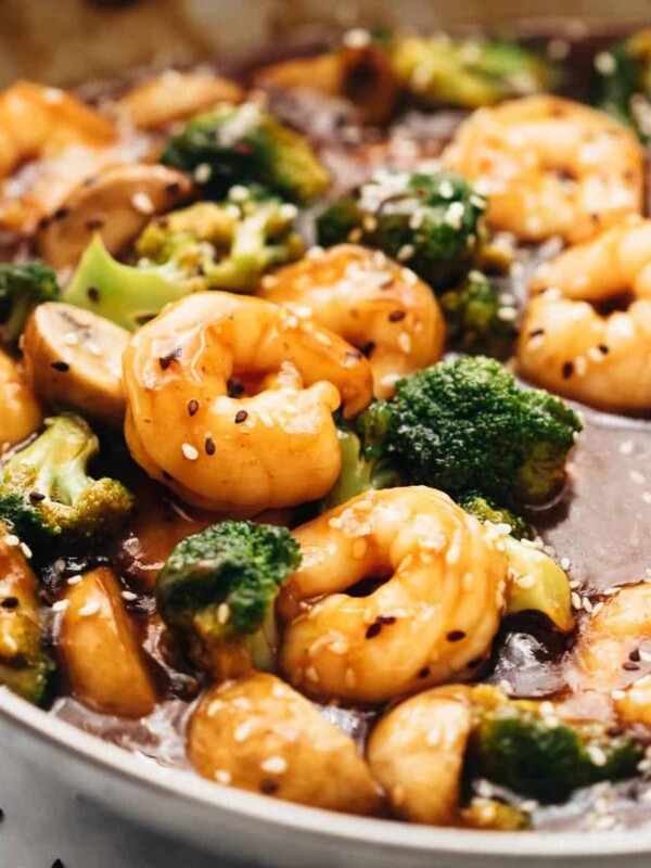 Teriyaki Shrimp Broccoli Stir Fry in a pan.