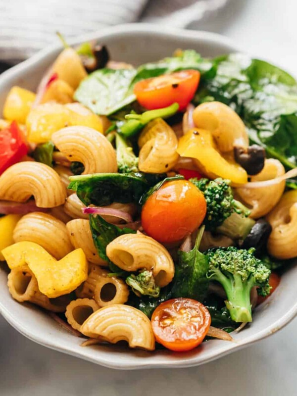 Vegan Pasta Salad with Italian Balsamic Dressing served in a bowl