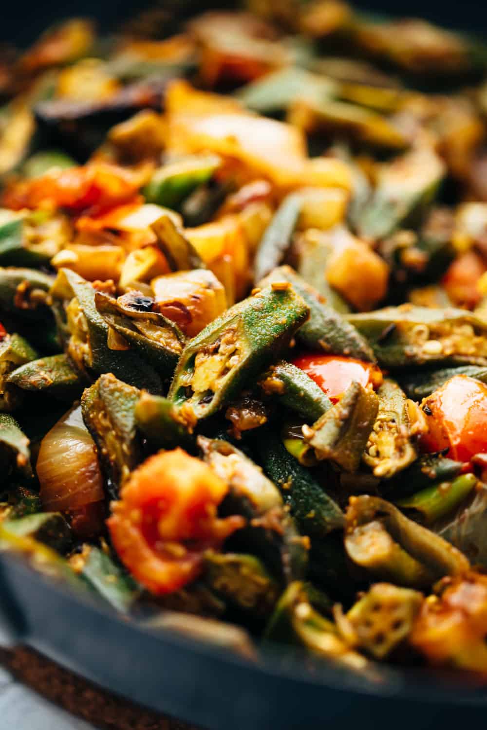 Closeup of bhindi masala in a wok