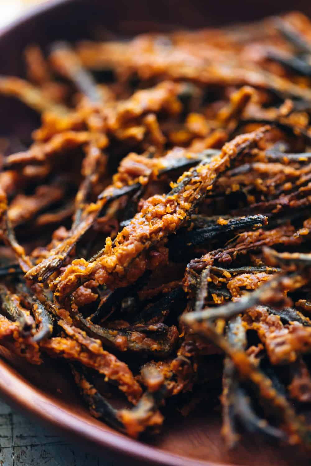 Closeup of baked kurkuri bhindi