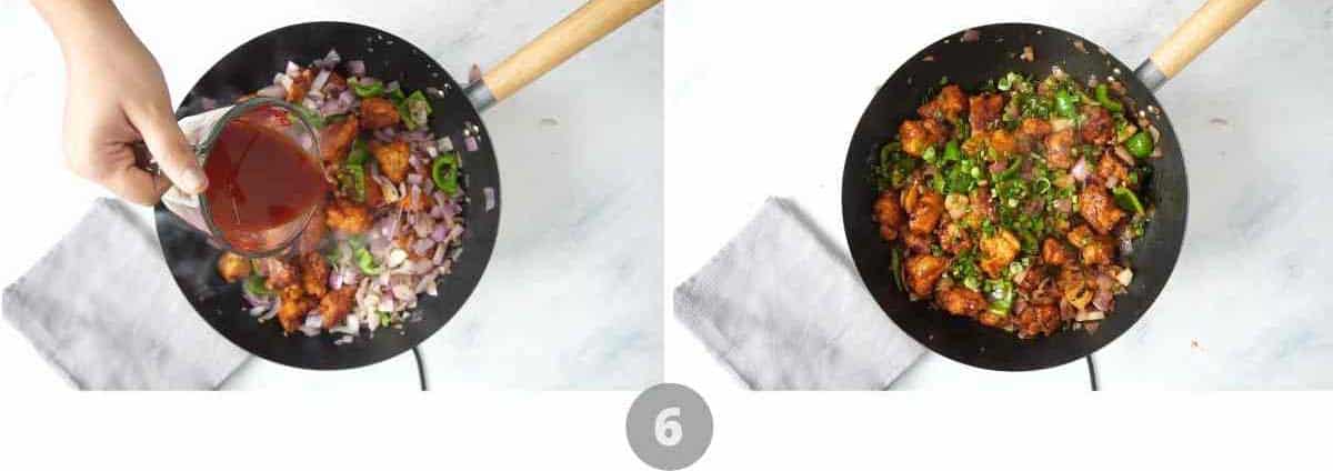Step by step picture collage showing how to add sauce and finish cooking the chilli chicken