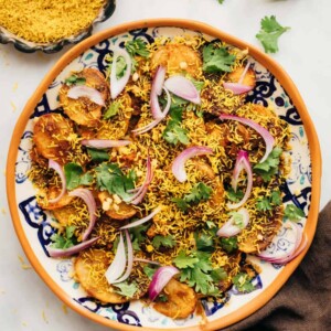 Easy Aloo Chaat - delhi style served on a plate with sev on the side