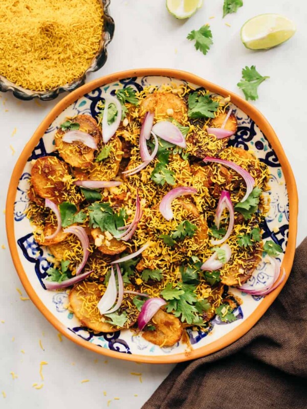 Easy Aloo Chaat - delhi style served on a plate with sev on the side