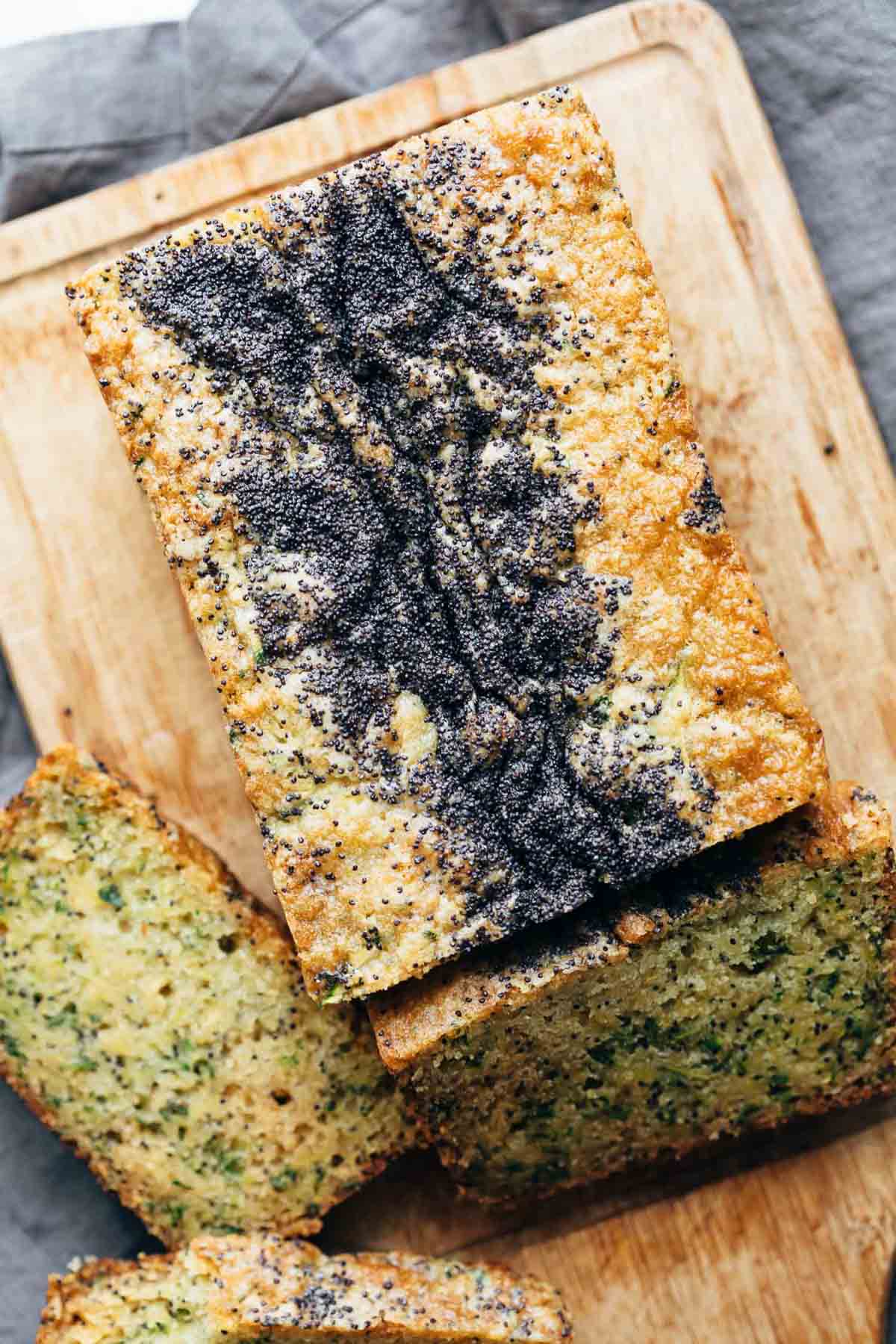 Overhead shot of Lemon Zucchini Bread while being sliced