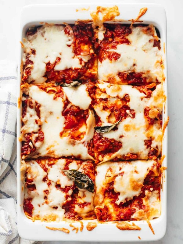 Easy Vegetarian Lasagna served in a casserole after it finished baking