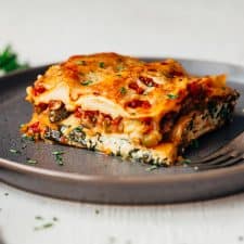 Closeup of the layers of vegetarian lasagna