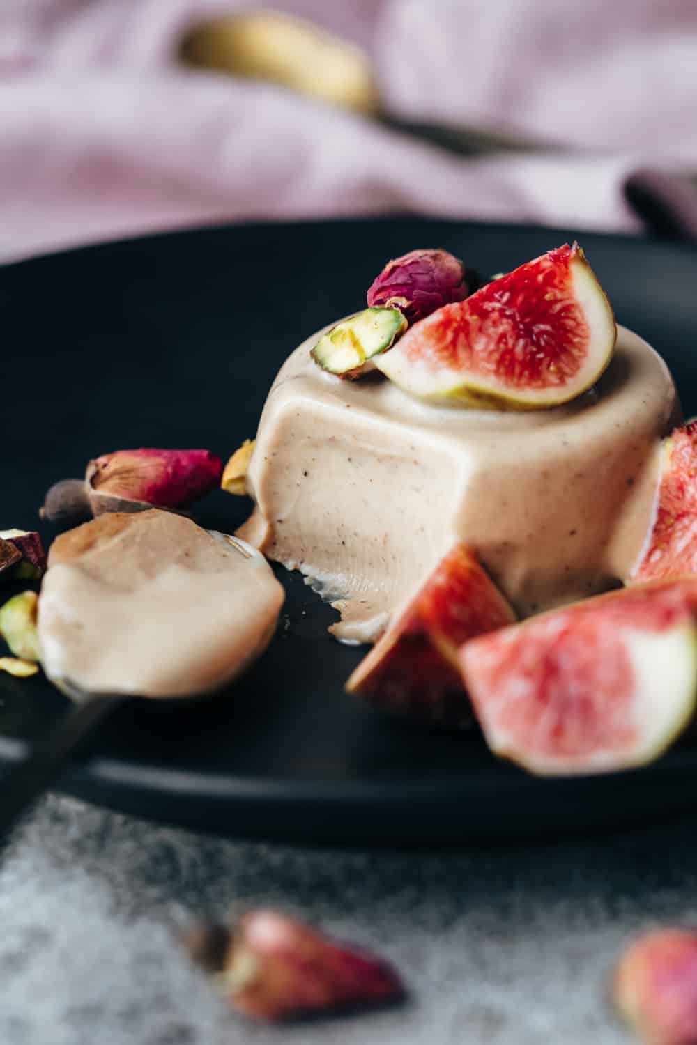Closeup of a bite of the masala chai panna cotta