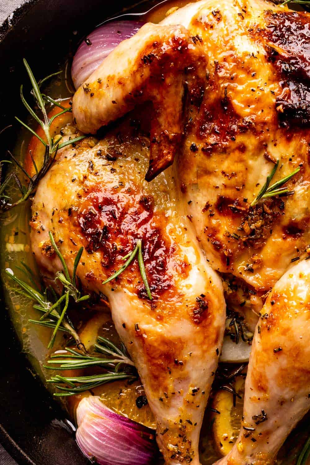 Closeup of roasted spatchcock chicken recipe