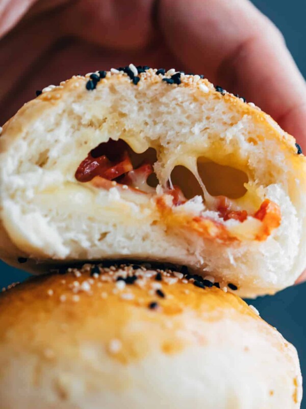 Closeup of the cheesy center in cheese pepperoni bombs