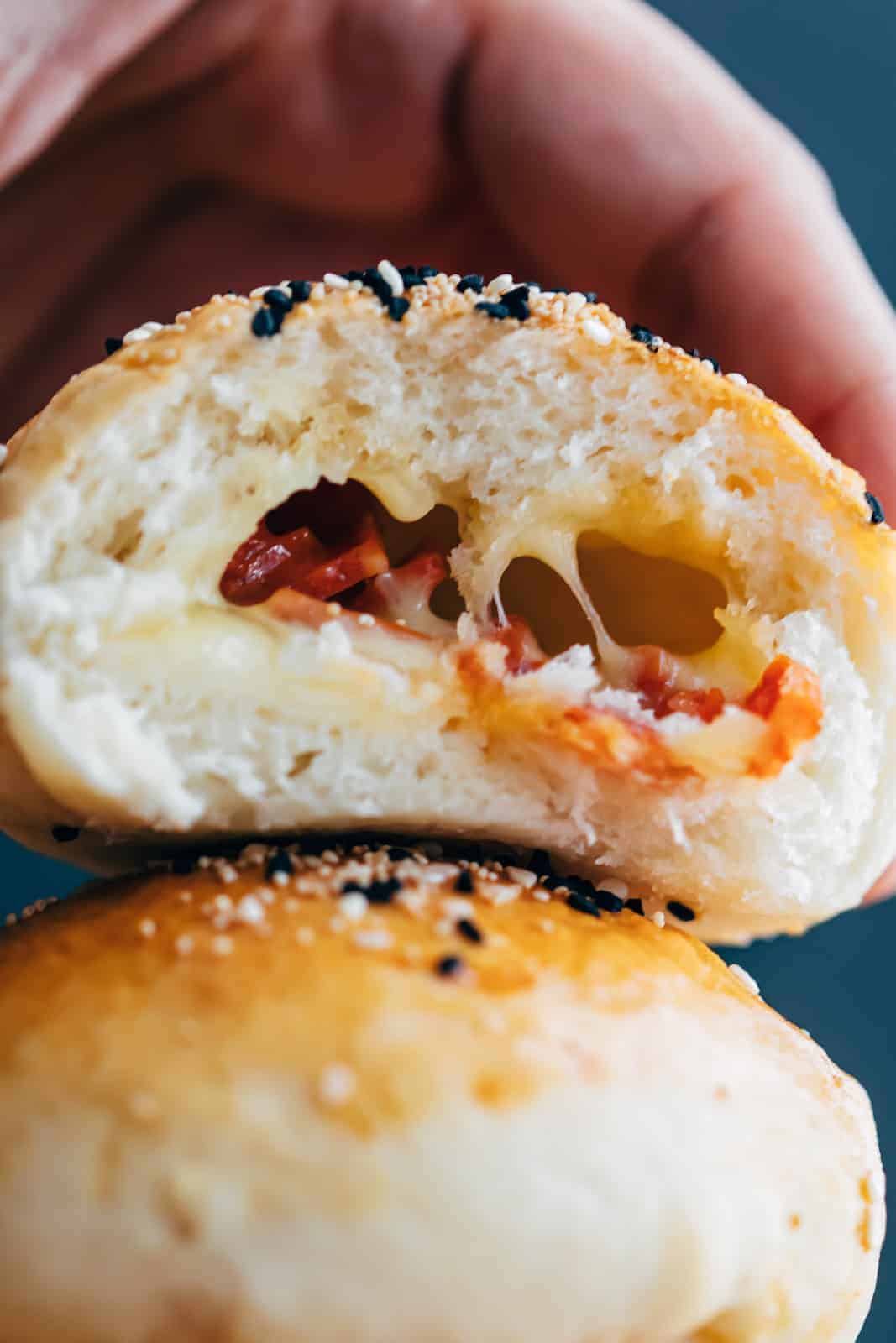 Closeup of the cheesy center in cheese pepperoni bombs