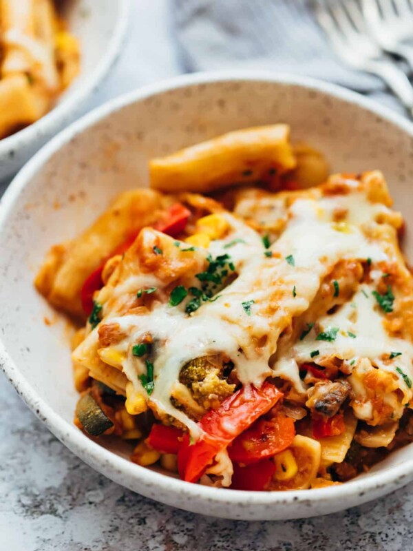close up of One pot vegetable pasta in a bowl