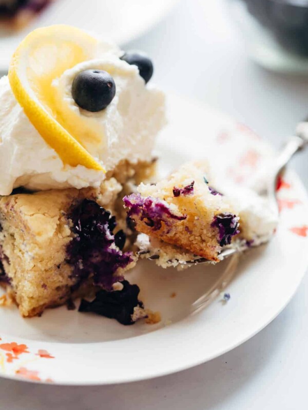 Closeup of a bite of lemon blueberry cake bars