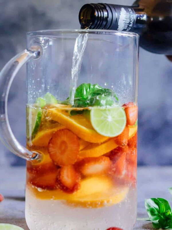 Big Banyan's chardonnay being poured into the sangria pitcher.