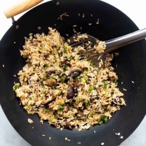 burnt garlic mushroom fried rice ready in the wok