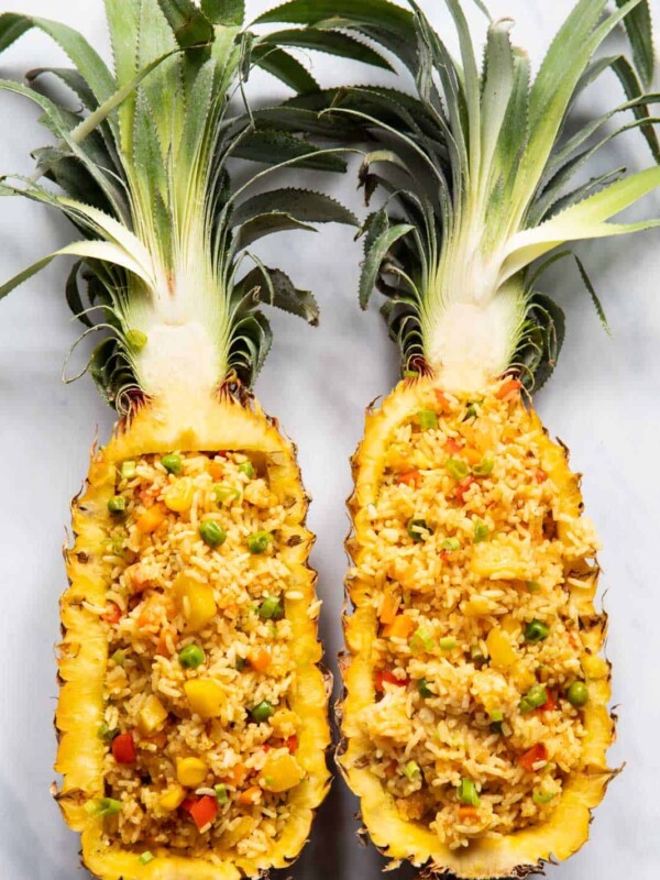 Thai Pineapple fried rice served in pineapple boats