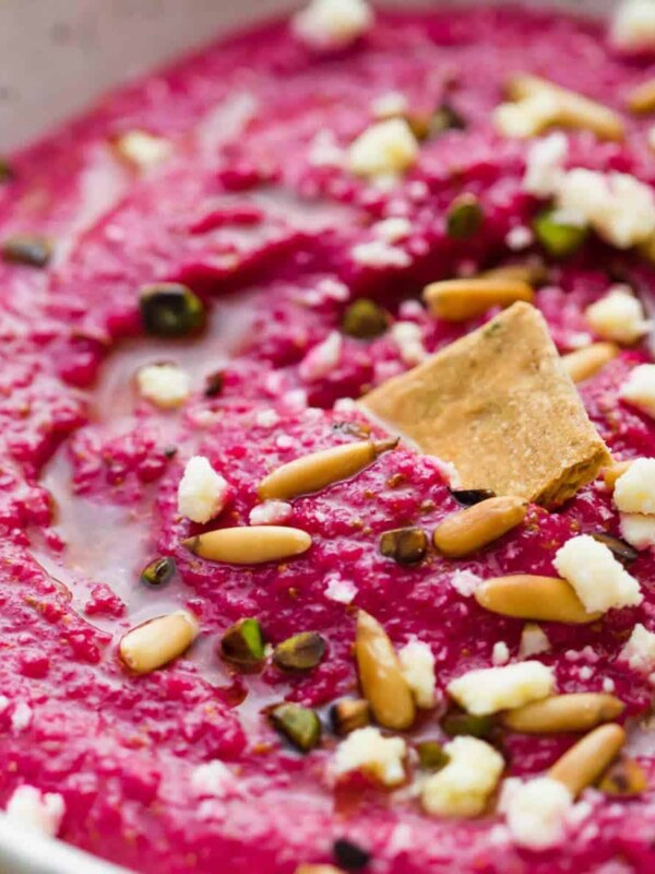 Egyptian Beetroot Dip in a white speckled bowl.