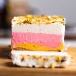 Classic Cassata sliced on a worktop showing all the four layers