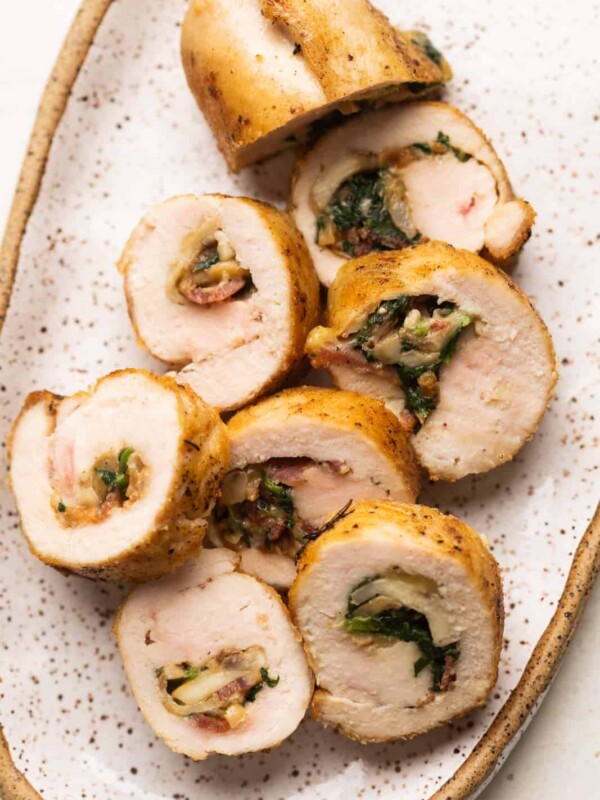 Sliced pieces of Chicken Roulade served on a platter