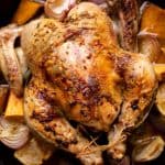 Roast chicken in the cast iron skillet, roasted with veggies and pan juices