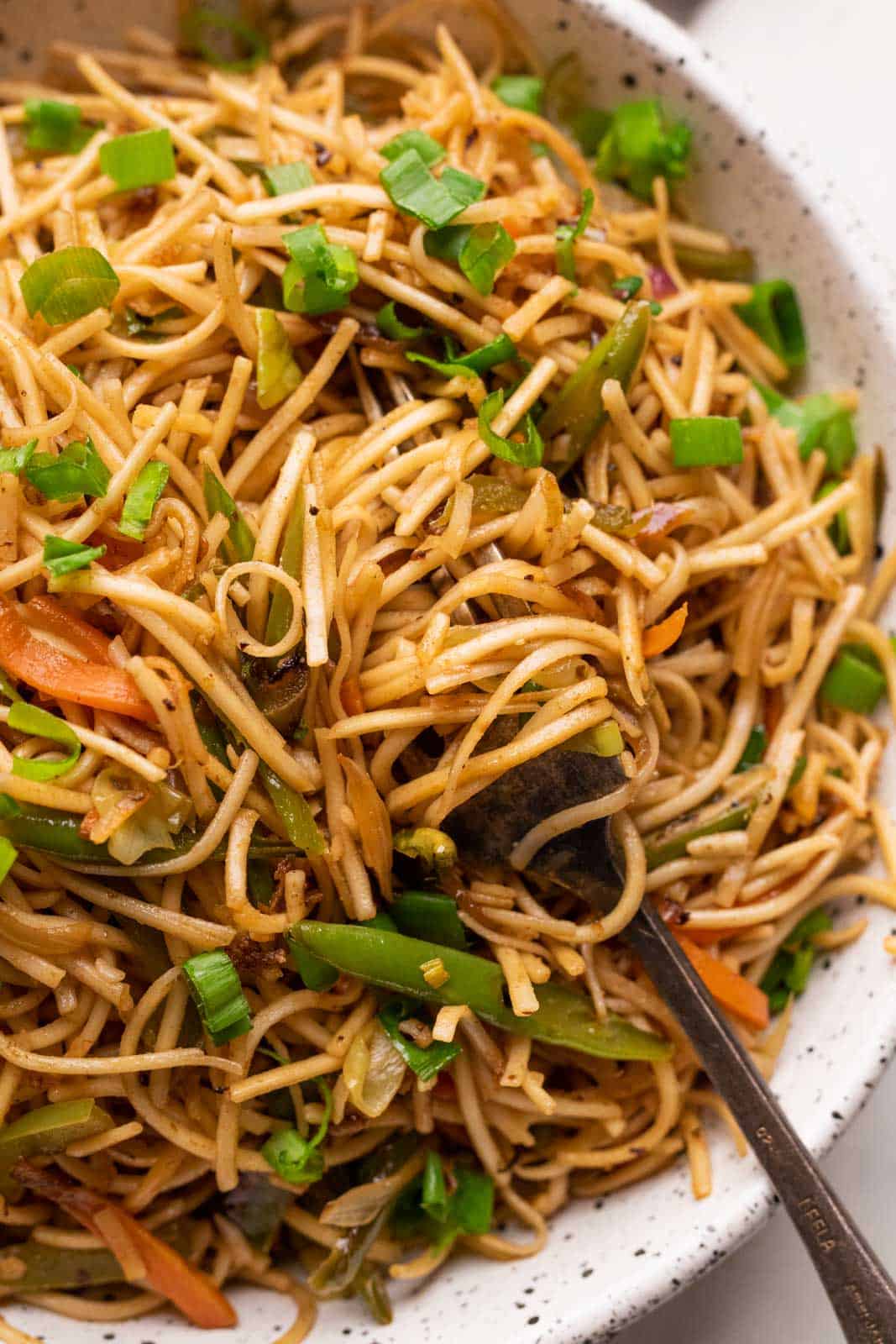 Closeup of noodles with a fork twirled around it