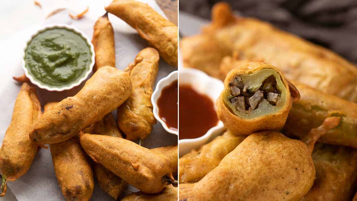 A collage to show the two stuffings in the bhajiyas side by side