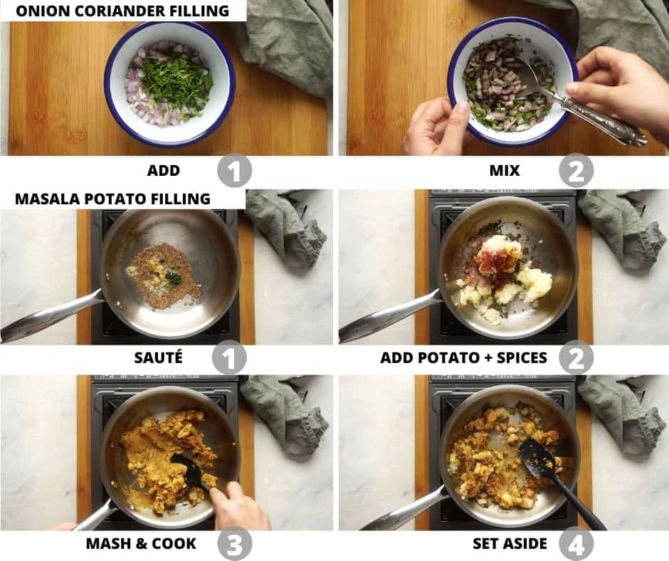 Step by step pictures to show how to make the fillings for stuffed mirchi bhajjis