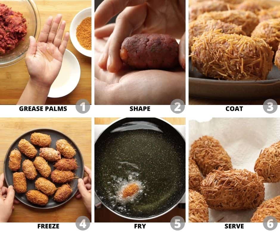 Step by step pictures showing how to shape, crumb and fry veg cutlet
