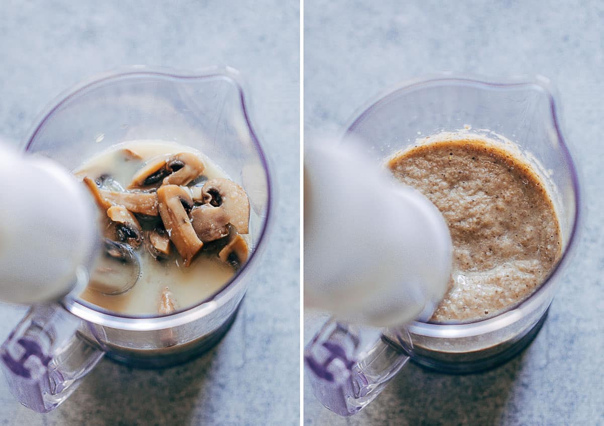 A picture of the ingredients being blended for the creamy mushroom soup.