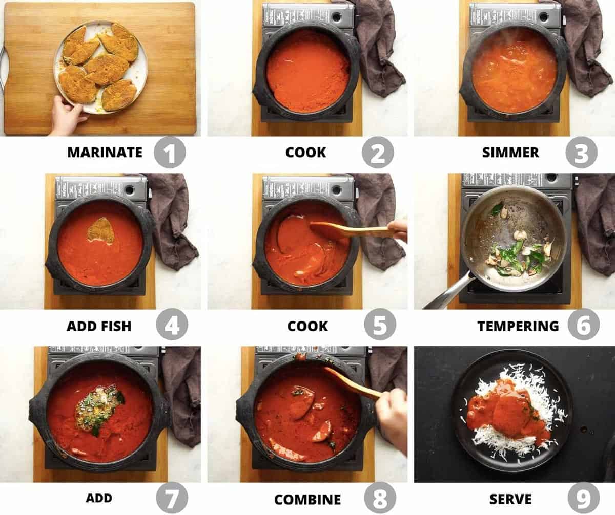 Step-by-step images for making the fish curry with coconut and tamarind