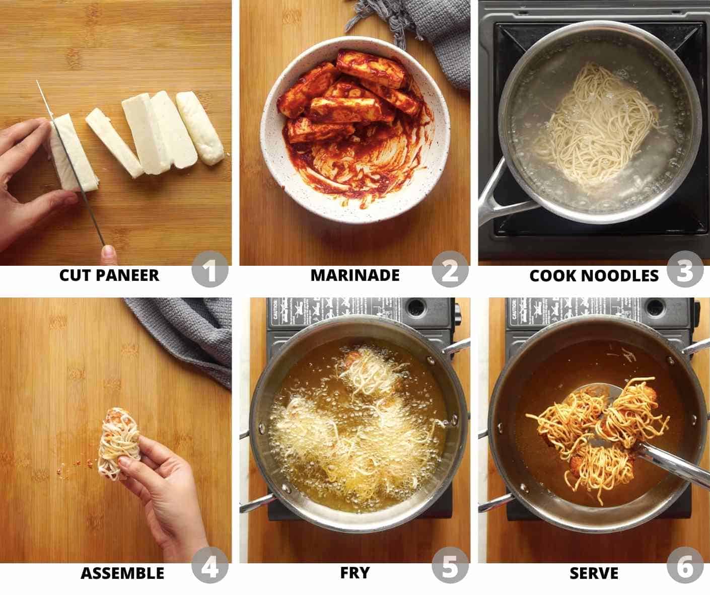 Step by step pictures showing how to mmake thread paneer