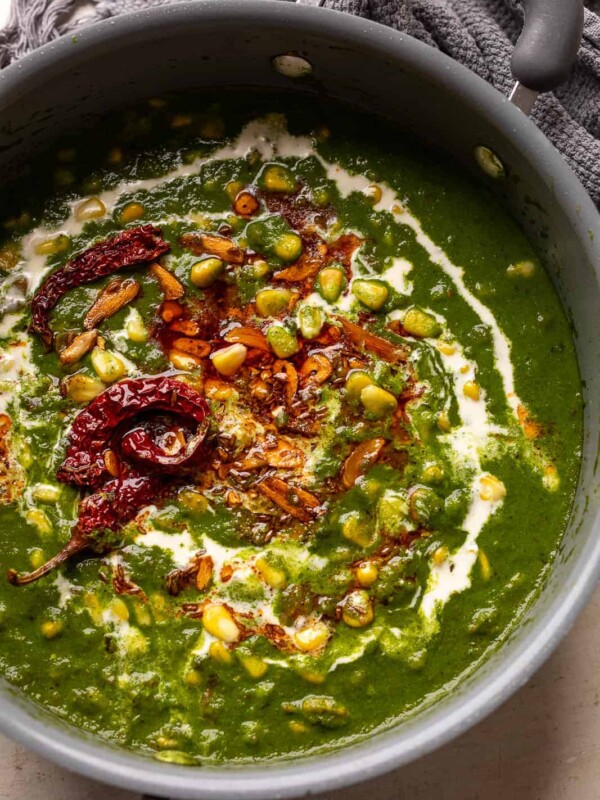 Corn palak served in the dish that it was cooked in
