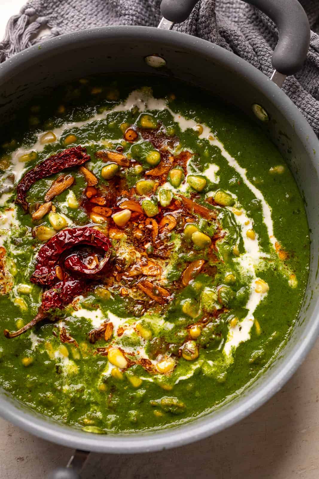 Corn palak served in the dish that it was cooked in