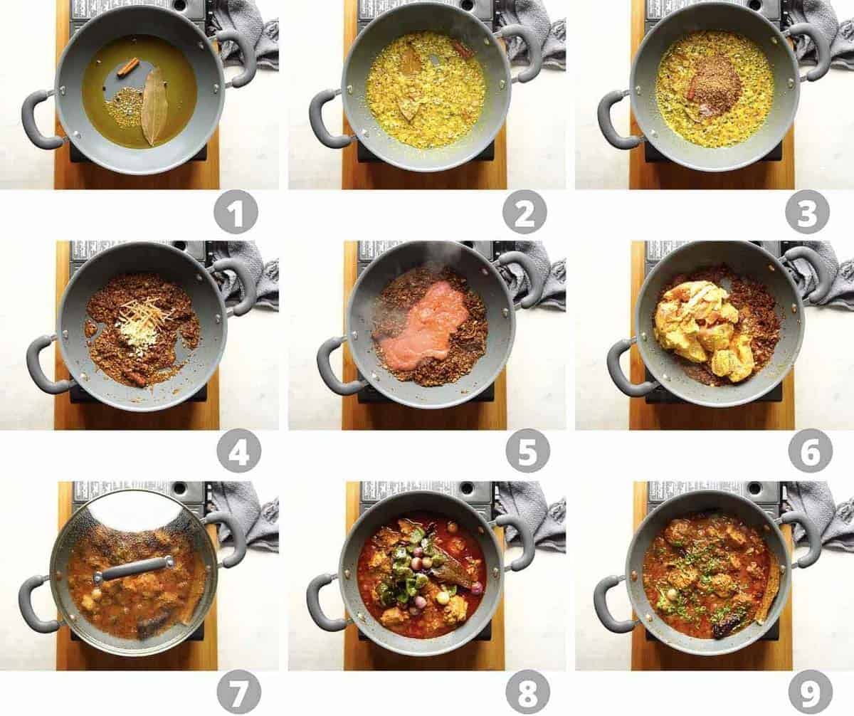 Step by step picture collage showing how to make karahi chicken