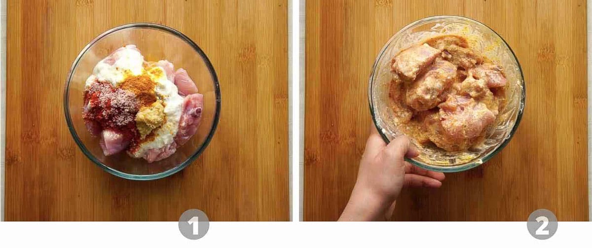 Mixing all the ingredients with chicken for marination