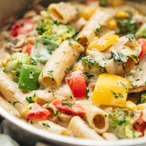 Closeup of white sauce pasta in a pan