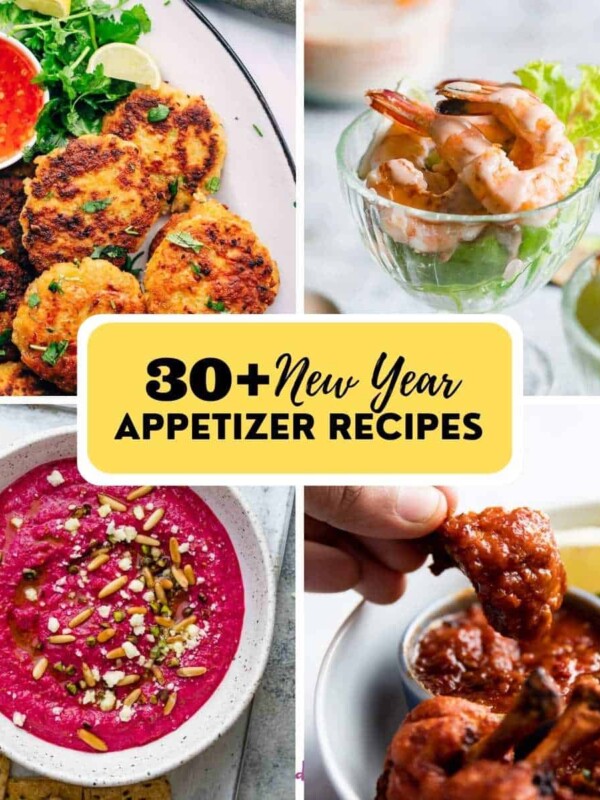 Picture collage showing a few new years appetizers with text overlay