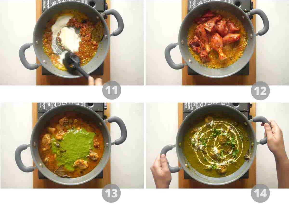 Step by step picture collage showing how to make saag chicken