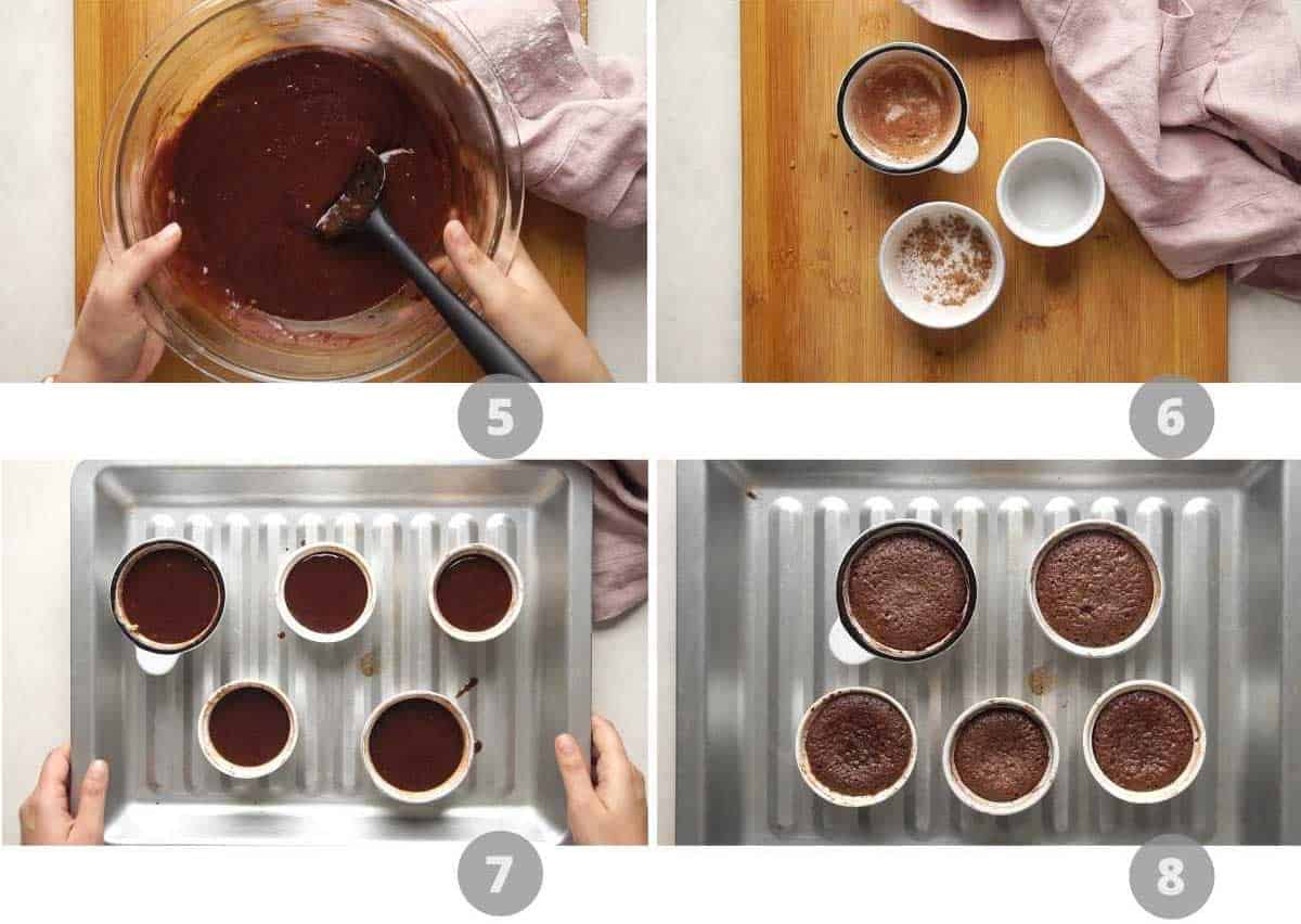 Picture collage showing step by step images on how to make mocha lava cake