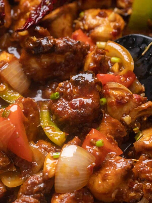 Close up of szechuan chicken in the wok