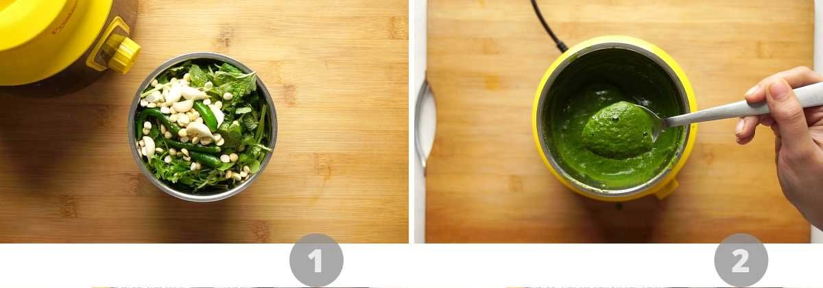 Step by step picture collage showing how to make green chutney