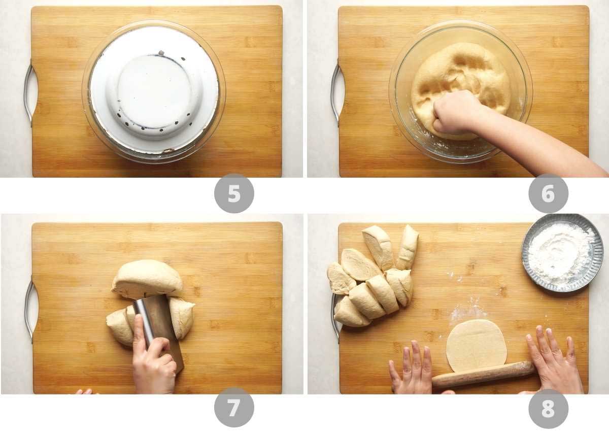 Step by step picture collage showing how to make whole wheat pita bread